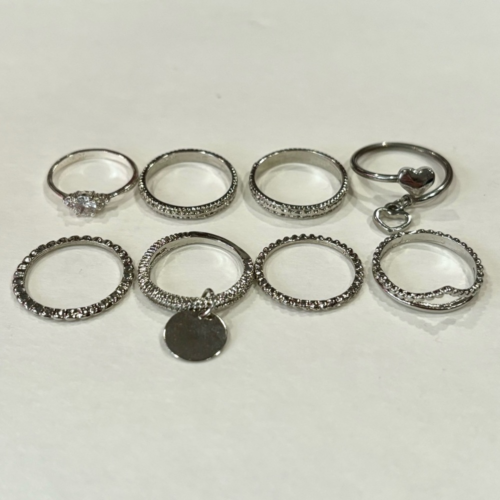 SHEIN 8-Pack Silver Stainless Steel Fashion Sparkly Shimmer Rhinestone Rings
